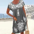 Μποχό εθνοτικό φόρεμα μίντι με κέντημα λουλουδιών κοντό μανίκι για γυναίκες καλοκαιρινή παραλία. - S / Dresses / Γκρι
