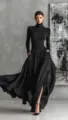 French vintage slim fit black turtleneck top and pleated long skirt clothing set. - XS / Black