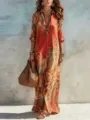 Boheemse bloemen maxi damesjurk, vintage lange mouw vakantie strandjurk, elegante modekleding nieuw. - Rood