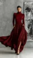 Elegant French retro burgundy turtleneck top and pleated maxi skirt set for women, chic outfit. - XS / Dark Red