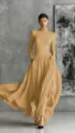 French vintage slim long sleeve top and pleated skirt set detail view and elegant style. - XS / Camel
