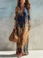 Boho bloemen vintage maxi jurk, elegante blauwe blouse jurk met lange mouwen. - Marineblauw