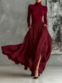 Burgundy turtleneck top and pleated maxi skirt set, elegant French retro style outfit. - XS / Set / Dark Red