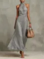 Elegant grey halter neck maxi dress with pleated waist and flowing skirt for women's evening wear - Gray