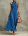 Elegant royal blue pleated halter maxi dress for women featuring a flowing mesh fabric - Blue