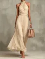 Elegant champagne pleated halter neck mesh maxi dress for women in evening style - Apricot