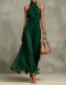 Elegant dark green halter neck pleated mesh maxi dress featuring a flowing long silhouette - Dark Green