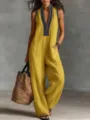 Women yellow linen blend sleeveless jumpsuit with zipper and stand collar for summer. - 3XL / Jumpsuit / Yellow