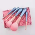 5-piece makeup brush set with crystal accents, soft pink bristles and blue handles for flawless daily beauty. - 5 Piece Gift Box Style / Sakura Pink