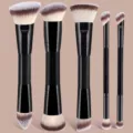 Detailed view of double-ended makeup brush set with soft bristles and sleek black handles. - 5 Pcs Double-Ended