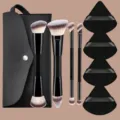 Professional dual-ended makeup brush set with triangle powder puffs and storage bag. - 11-Piece Set
