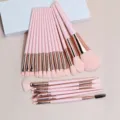 Detail view of pink makeup brushes set featuring soft bristles and rose gold ferrules. - 20 Piece Set / Pink (Pink Hair)