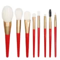 8-piece makeup brush set with white bristles, gold ferrules, and red wooden handles. - Basic Style / 8Pcs Set / China Red