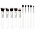 10-piece makeup brush set with 5 large face and 5 small eye brushes, white handles. - White Silver
