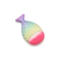Detailed view of the cute mermaid tail makeup brush with gradient rainbow scales and soft bristles. - Matte White Bristle Pink