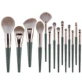 14-piece professional makeup brush set with green handles and soft bristles for face and eyes. - 14 Pieces/Pack / Green