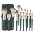 14 pieces makeup brush set with green leather roll bag professional soft cosmetic tools - 14 Piece Set + Storage Bag / 14 Pcs With Bag
