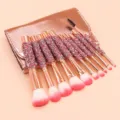 10pcs diamond makeup brush set with bag, pink gradient bristles and rhinestone handles. - Glitter Pink