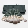 14-piece makeup brush set with dark green handles and matching storage pouch for daily beauty. - With Bag / 14 Pieces/Pack / Green