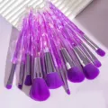 10-piece diamond crystal makeup brush set with purple faceted handle for flawless makeup. - 10 Piece Set / Purple Bristles Pink-Purple Handle