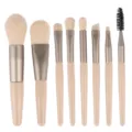 8-piece mini makeup brush set with wooden handles and soft bristles for face and eye makeup. - Beige