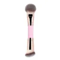 Dual-ended makeup brush with soft fluffy powder and angled contour bristles in pink. - Pink