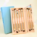 Portable double-ended makeup brush set with mirror case, ideal for eyeshadow and contouring. - Nude