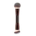 Double ended makeup brush with large powder brush and angled contour brush for portable makeup. - Brown