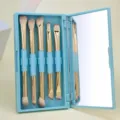 Portable dual-ended makeup brush set with mirror case, 5 pieces professional cosmetic tools. - Blue