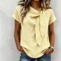 Camicetta donna casual manica corta cotone lino con elegante design scollo annodato. - Giallo chiaro