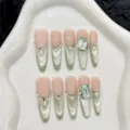 Luxus handgemachte künstliche Nägel lang grüne Katzenauge Kristalle elegante Nagelkunst - XS / Thin Stiletto Stil (1496) / Nude Grün Katzenauge