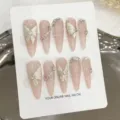 Elegant nude press-on nails featuring 3D silver butterflies, pearls, and sparkling rhinestones. - Extra Small (XS) / 1717-Extra Long Almond