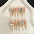 Handgemachte lange spitze künstliche Nägel mit Luxus Cat-Eye Farbverlauf und glänzenden Strasssteinen. - XS / Thin Stiletto Stil (1204) / Champagnergold Katzenauge