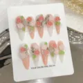 Faux ongles faits à la main avec art floral 3D de roses, ongles artificiels roses dégradés. - Très Petit (XS) / 1648-Amande Longue