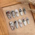 Handmade press-on nails featuring Chinese ink painting art, long coffin false nail set. - Extra Small (XS) / 1690-Medium Coffin