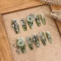 Handcrafted press-on nails detail showing exquisite green ink wash bamboo painting and 3D charms. - Extra Small (XS) / 1677-Medium Coffin