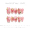 Faux ongles rose 3D fraise fleur court carré ensemble d'ongles artificiels variante - Très Petit (XS) / 1400-Cercueil Court