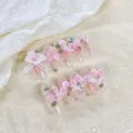 Faux ongles ensemble style printemps été rose fleurs de rose 3D nœud paillettes long set - Très Petit (XS) / 1456-Cercueil Extra Long