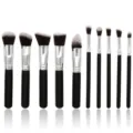 10pcs makeup brush set detail view, soft synthetic bristles, black handles, precision tool. - Black Silver