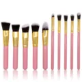 Detail view of the 10-piece makeup brush set featuring soft bristles and pink wooden handles. - Pink Handle Gold Tube