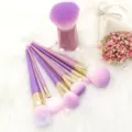 Purple glitter makeup brush set detail, soft gradient bristles and elegant storage cup. - 7 Pcs Combo