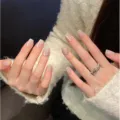 Handmade short square press-on nails with nude cat eye gradient and delicate rhinestone charms. - Extra Small (XS) / 1623-Extra Short Coffin