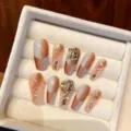 Handmade press-on nail set, nude grey gradient long coffin fake nails with crystals and gold foil. - Extra Small (XS) / 1720-Medium Coffin
