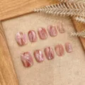Handmade press-on nails set short square marble design with white lines reusable fake nail art - Extra Small (XS) / Short Round Square Style (1598) / Red Brown