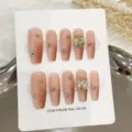 Handcrafted gradient brown press on nails long coffin false nails with rhinestone bling design - Extra Small (XS) / 1675-Extra Long Coffin