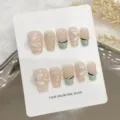 Faux ongles faits à la main avec perles florales 3D kit d'ongles courts vert rose - Très Petit (XS) / 1626-Cercueil Court