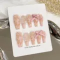 Handmade press-on nails set with pink butterfly patterns and cute bows, reusable. - Extra Small (XS) / Pink Butterfly Extra Long Coffin Style (1693) / Pink