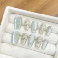 Handmade press-on nails set, sage green cat eye and silver metallic relief design, reusable. - Extra Small (XS) / 1721-Extra Short Coffin
