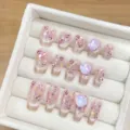 Handmade press-on nails with pink cat-eye gel, sparkling rhinestones and crystal gems. - Extra Small (XS) / 1698-Extra Short Coffin