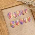 Handmade press-on nails colorful watercolor tie-dye fake nail set reusable manicure art - Extra Small (XS) / Short Round Style (1665) / Colorful